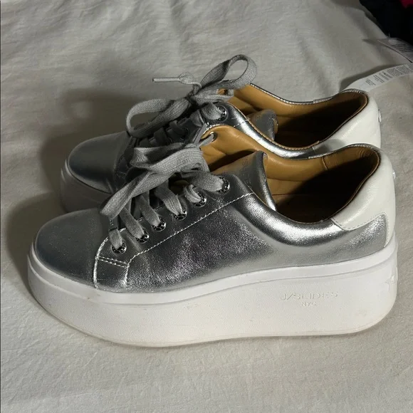 J/SLIDES Hally Silver & White Metallic Platform Leather Sneakers Size 7 - Picture 5 of 12